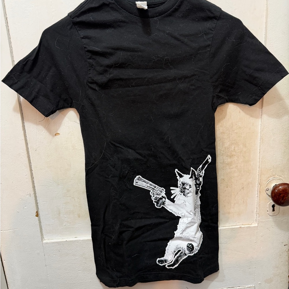 Stylish Black Tee with Cat and Gun Design